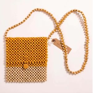 wooden Beaded crossbody bag mustard natural boho salt+umber